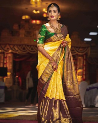 KRIYANSH Self Design Bollywood Jacquard, Cotton Silk Saree(Yellow)