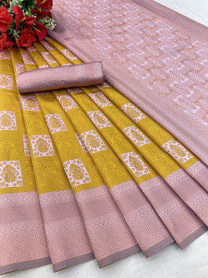 Julee Self Design Banarasi Pure Silk Saree(Mustard)