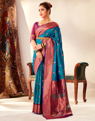 Samah Woven Kanjivaram Silk Blend, Jacquard Saree(Blue, Purple)