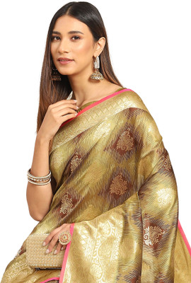 Akhilam Embroidered Banarasi Silk Blend Saree(Green)