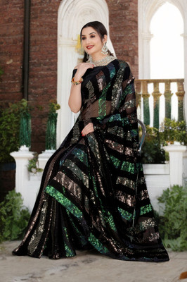 Divastri Embroidered, Embellished Bollywood Net Saree(Black)