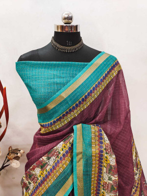 Saaransh Floral Print Kanjivaram Linen, Cotton Silk Saree(Purple)