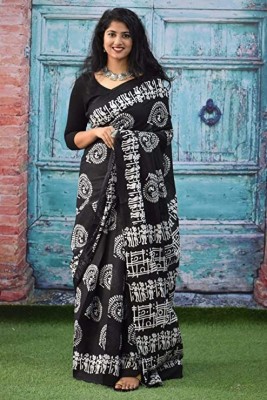 DASTKARPRINT Printed, Color Block, Blocked Printed Ikkat Pure Cotton Saree(Black)