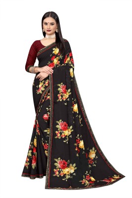 LAKHADATARI PRINTS Striped Bollywood Georgette, Crepe Saree(Black)