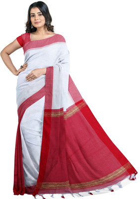 Mayabi Woven Handloom Cotton Silk Saree(White, Red)