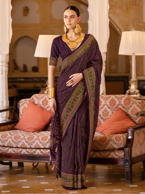 Sareemall Printed Bandhani Silk Blend Saree(Purple)