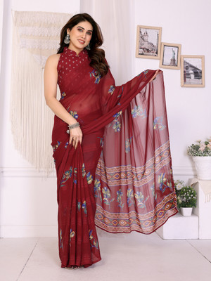 Karnav Fashion Floral Print, Self Design, Striped Bollywood Chiffon, Georgette Saree(Maroon)
