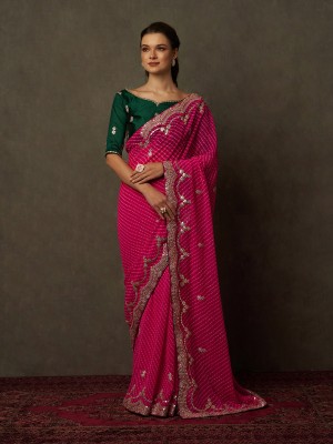 Divastri Embellished Bandhani Georgette Saree(Pink)