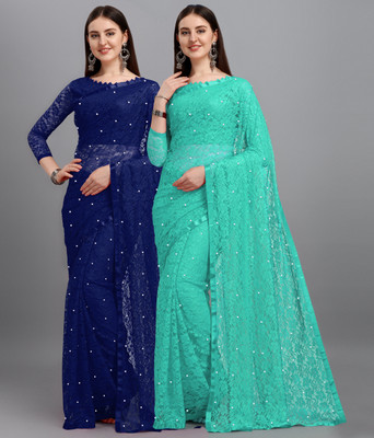 LOROFY Self Design Bollywood Net Saree(Pack of 2, Multicolor)