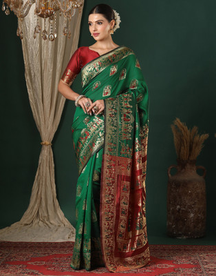 Samah Woven, Embellished Baluchari Silk Blend Saree(Green)