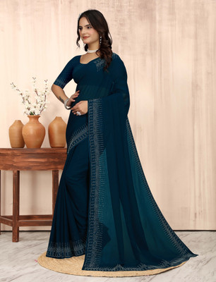 patu plus Solid/Plain, Embellished, Self Design Bollywood Georgette Saree(Light Blue)