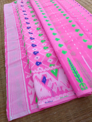 Dristikone Woven Jamdani Pure Cotton Saree(Pink)
