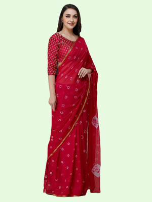 SainiVastra Printed Bandhani Chiffon Saree(Red)