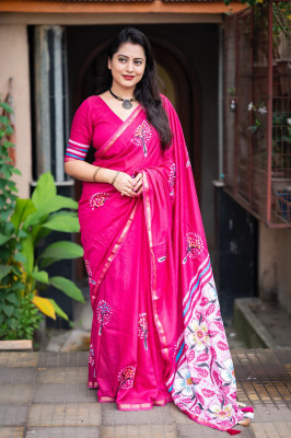 PeachPetals Printed, Floral Print Hand Batik Chanderi Saree(Pink)