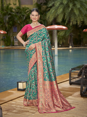 Sariya Woven Banarasi Jacquard, Silk Blend Saree(Light Green)