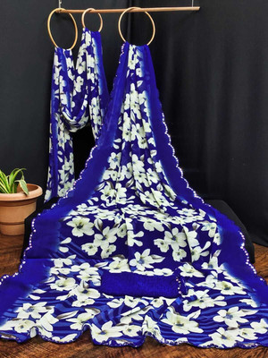 HouseOfCommon Printed Bollywood Georgette Saree(Blue, White)