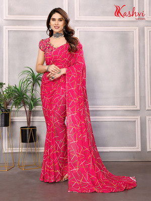 kashvi sarees Striped, Printed Bollywood Georgette Saree(Pink)