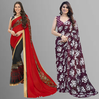 kashvi sarees Floral Print Daily Wear Georgette Saree(Pack of 2, Red, Black, Brown)