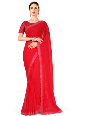Leelavati Embellished Bollywood Chiffon Saree(Red)