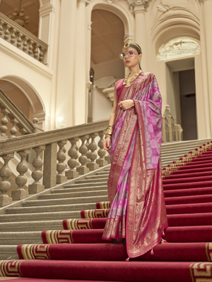 Elora Printed Saree with Attached Blouse Silk Blend Saree(Pink)