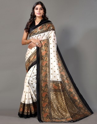 Divastri Geometric Print, Printed, Self Design Kanjivaram Silk Blend, Art Silk Saree(White, Black)