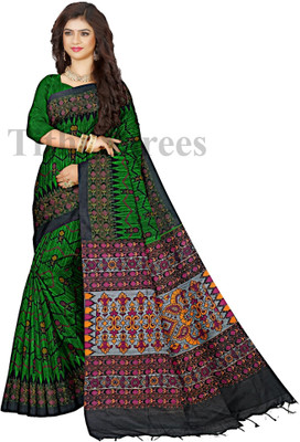TITHISAREES Printed Sambalpuri Cotton Blend Saree(Green)
