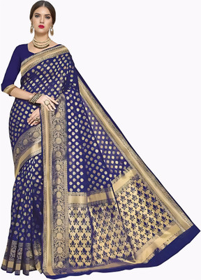 KIVERA Woven, Floral Print Banarasi Silk Blend Saree(Blue)