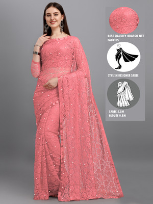LOROFY Self Design Bollywood Net Saree(Pink)