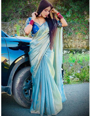 HouseOfCommon Embellished, Embroidered, Solid/Plain Bollywood Chiffon, Pure Silk Saree(Light Blue)