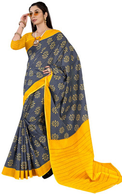 VIYANE ENTERPRISE Printed Ikkat Pure Cotton Saree(Yellow, Black)
