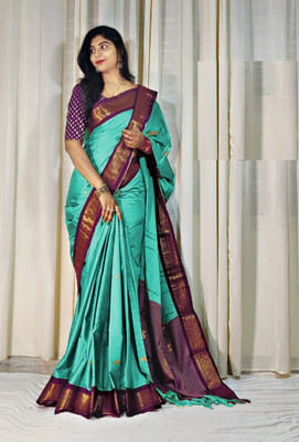 NST5 Woven Maheshwari Cotton Silk Saree(Light Green, Maroon)