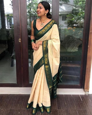 SICHYAH Embellished Banarasi Silk Blend Saree(White, Green)