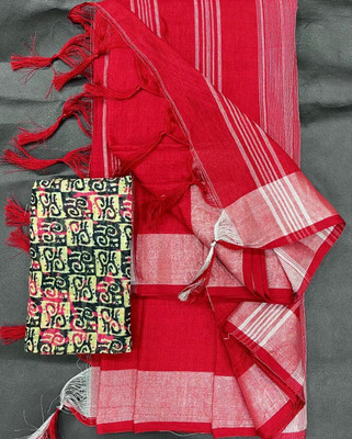 SSHAGUN LIFESTYLE Printed Hand Batik Cotton Silk Saree(Red, Beige)