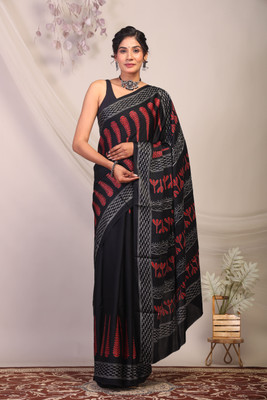 Anuttara Hand Painted Bhagalpuri Silk Blend Saree(Black)