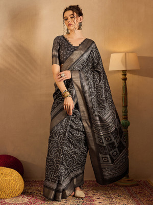 Sareemall Printed Madurai Silk Blend Saree(Black)