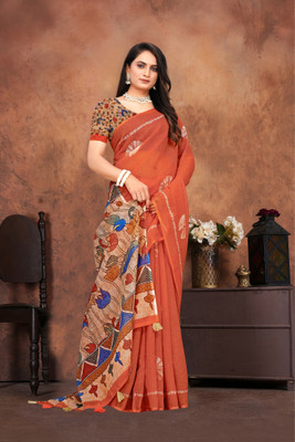 Julee Printed Bollywood Linen Saree(Orange)