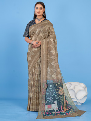 Divastri Printed Daily Wear Linen Saree(Beige)