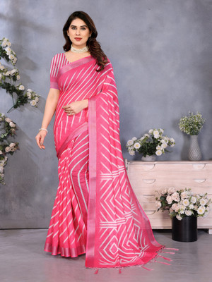 TANURI Printed Bollywood Cotton Linen, Art Silk Saree(Pink)