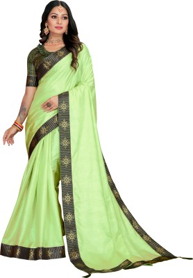 KHANJAN FASHION Self Design, Solid/Plain, Temple Border, Woven Bollywood Dupion Silk, Jacquard Saree(Light Green)