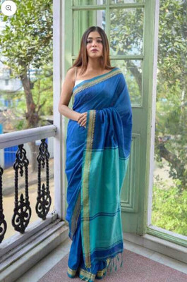 HouseOfCommon Solid/Plain Handloom Pure Cotton Saree(Light Blue)