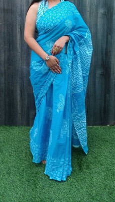 Handprinted Printed Daily Wear Cotton Blend Saree(Light Blue)