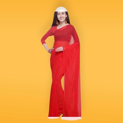 WWQ Solid/Plain Bandhani Georgette Saree(Red)