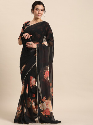 LookNbook art Printed Bollywood Georgette Saree(Black)