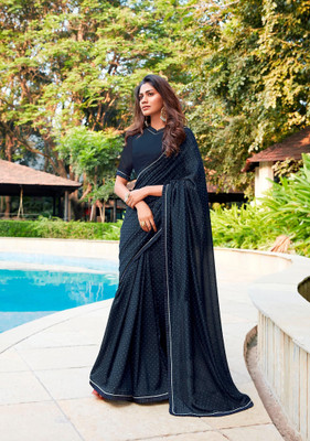 Panchvati NX Polka Print Bollywood Cotton Blend Saree(Dark Blue)
