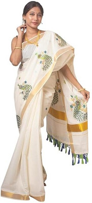 JAYAPRAKASH TEX Embroidered, Solid/Plain, Woven, Floral Print Kasavu Cotton Blend Saree(Gold)