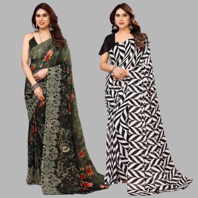 kashvi sarees Printed Daily Wear Georgette Saree(Pack of 2, Dark Green, Black)