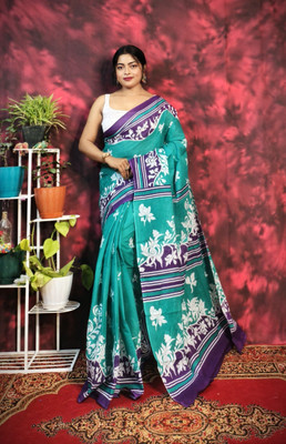 SARATHITEXTILE Color Block Hand Batik Cotton Blend Saree(Dark Green)