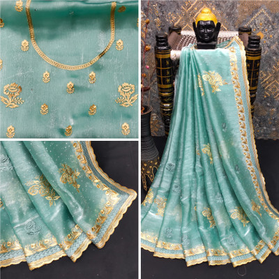 Mikhushop Embroidered Bollywood Jimmy choo Saree(Light Blue)