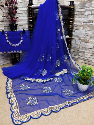 Radheradhey Embroidered, Floral Print Bollywood Net Saree(Blue)