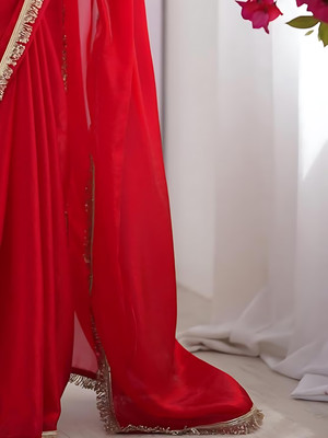 VINIT ENTERPRISE Solid/Plain Bollywood Chiffon Saree(Red)